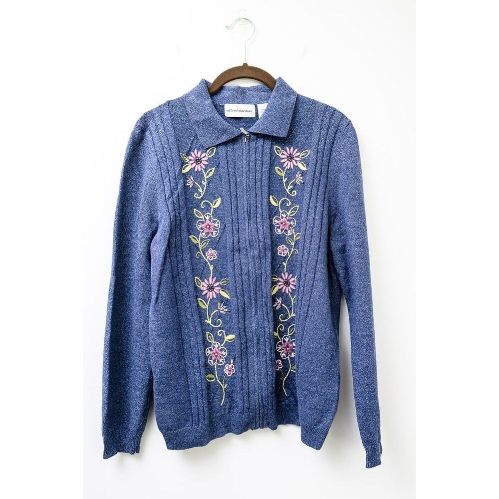 Alfred Dunner M Cardigan sweater full zip embroidered flowers floral cottage